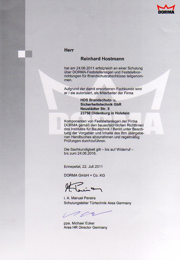 Dorma-Zertifikat für Reiner Hostmann