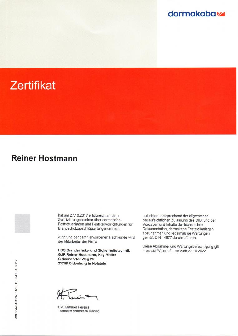 dormakaba-Zertifikat für Reiner Hostmann