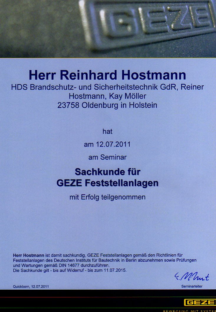 GEZE-Zertifikat für Reiner Hostmann