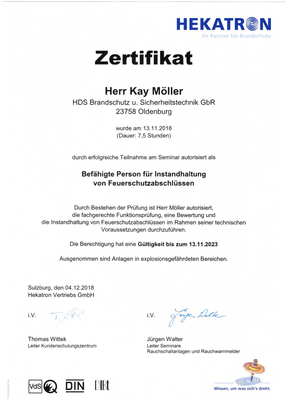 Hekatron-Zertifikat befähigte Person für Kay Möller