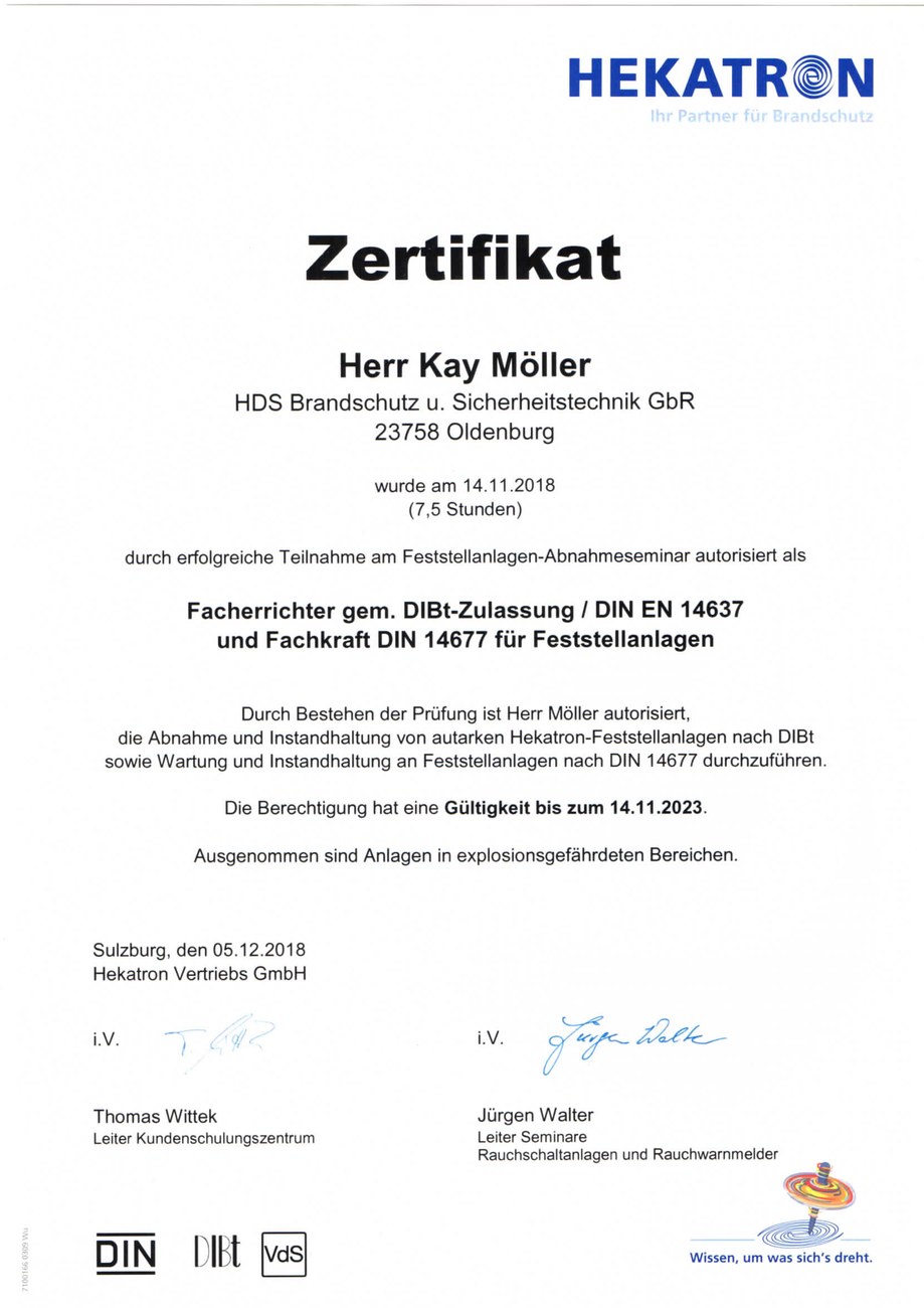 Hekatron-Facherrichter-Zertifikat für Kay Möller