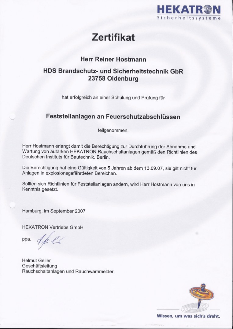 Hekatron-Zertifikat für Reiner Hostmann