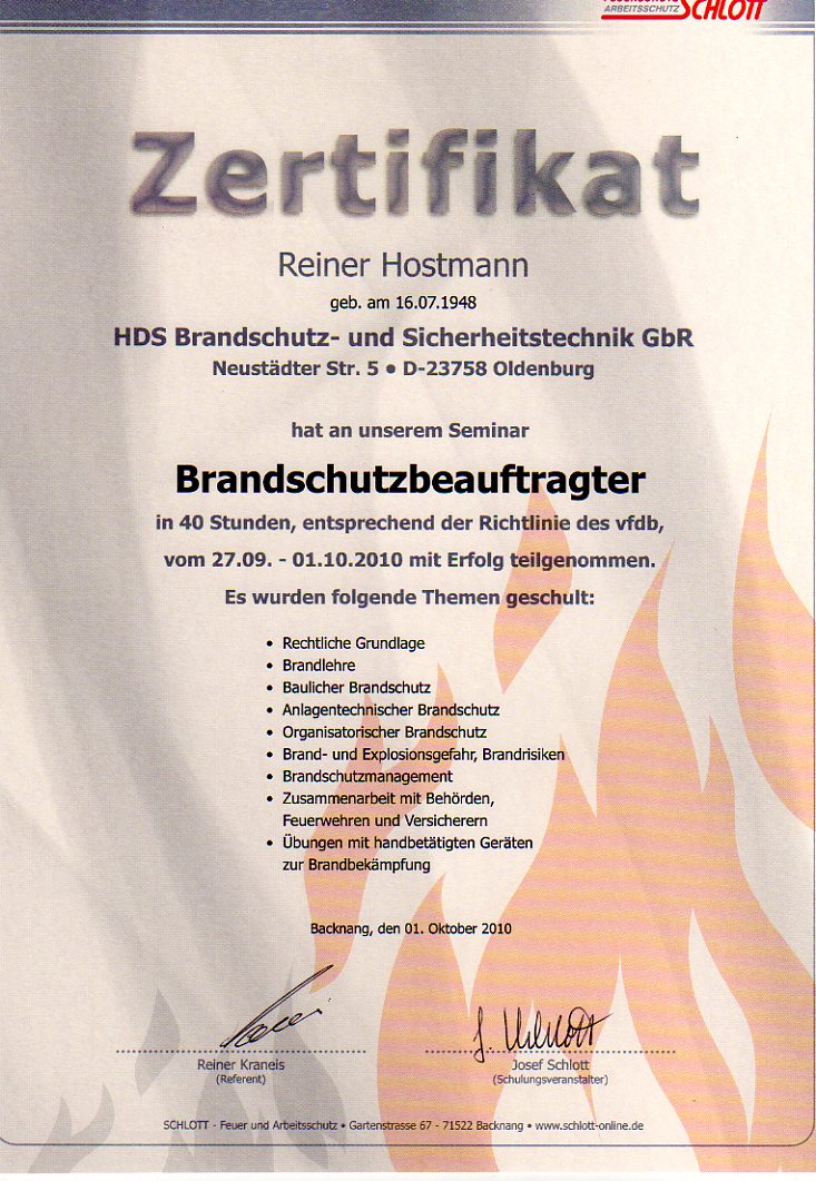 Schlott-Zertifikat für Reiner Hostmann