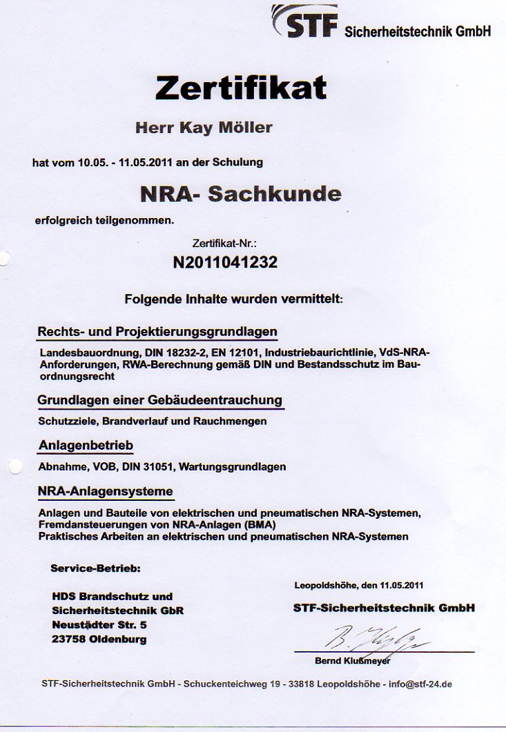 STF-Zertifikat Natürliche Rauchabzugsanlagen für Kay Möller